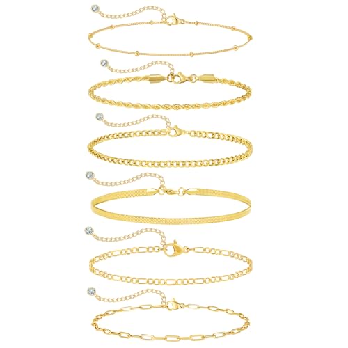 Rotnso Anklets for Women 14K Gold Silver Plated Ankle Bracelets Trendy Waterproof Boho Anklets Set Adjustable Dainty Cute Diamond Beaded Heart Non Tarnish Summer Beach Jewelry Gift