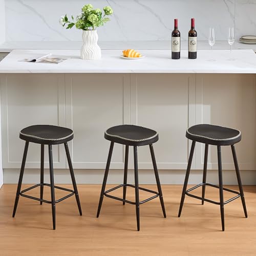 FIRAVOE Bar Stools, Counter Height Bar Stools, Faux Leather Barstools for Kitchen Island, Backless Saddle Stools with Metal Legs