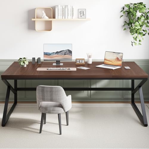 HSH Extra Long Computer Desk,Large Wood and Metal Home Office Desk, 2 Person PC Laptop Table for Executive Writing Work Study Gaming, Bedroom Living Room Dual Monitor Desk,70 Inch
