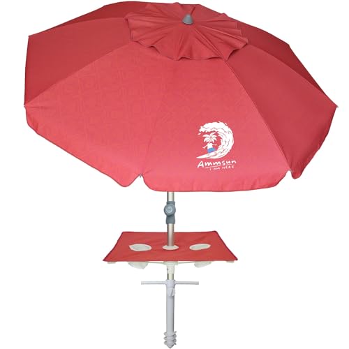 AMMSUN 7ft Heavy Duty High Wind Beach Umbrella with sand anchor, Built-in Table Tray & Tilt Pole, Air Vent, UPF 50+ Windproof Portable Outdoor Umbrellas Carry Bag for Patio Garden Pool Backyard