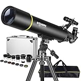 Telescopes for Adults Astronomy, 80mm Aperture 900mm Refractor Telescope for Kids & Beginners with Telescope Accessory Kit (Silver) - 5pcs Plossl Eyepiece Set, 7pcs Filter Set, 2X Barlow Lens