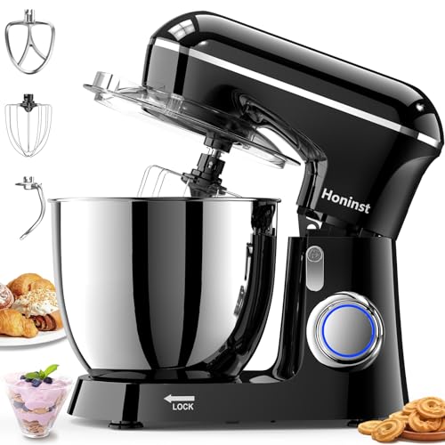 Honinst Stand Mixer, 6.5QT 10-Speed Tilt-Head Electric Stand Mixer, 3-In-1 Kitchen Mixer with Bowl, Dough Hook, Whisk and Beater, Food Mixer for Baking, Cake and Most Home Cooks, Black