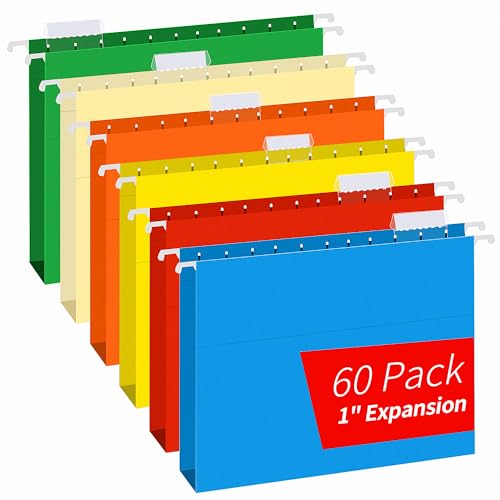 Hanging File Folders, RAZCC 60 Pack Reinforced Hanging Folders Letter Size, Designed for Bulky Files, Filing Cabinet, Adjustable Tabs, Assorted Colors
