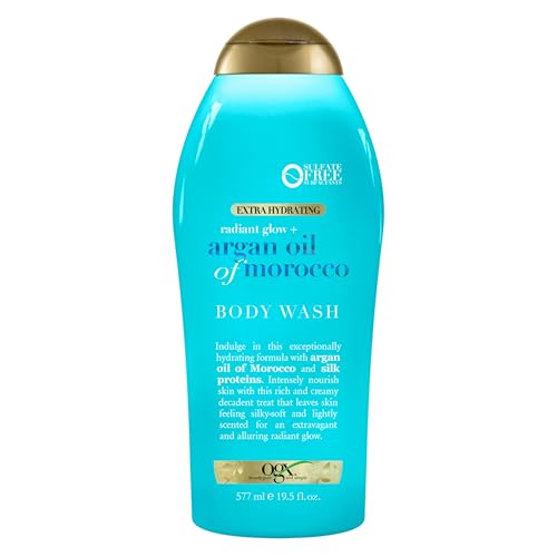 OGX Radiant Glow + Argan Oil of Morocco Extra Hydrating Body Wash for Dry Skin Moisturizing Gel Cleanser Silky Soft Paraben-Free Sulfate-Free Surfactants 19.5 Fl Oz