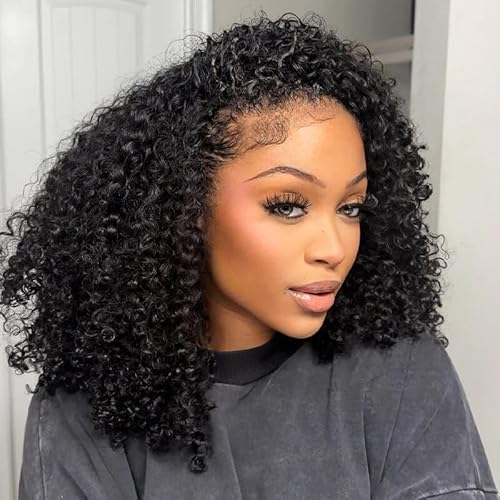 ISEE Half Wig Human Hair Glueless Wigs Upgrade 3 IN 1 Half Wig With Drawstring Seamless Clip Ins Flip Over Kinky Curly Human Hair No Glue No Lace For Women 180% Density 22 Inch