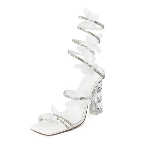 VOZTOLLS Womens Lace Up Sandals Square Open Toe Chunky High Heels Rhinestone Strappy High Block Heel Sandals Sparkly Dress Party Wedding Shoes
