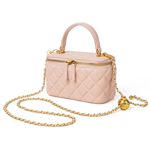 DORIS&JACKY Small Quilted Box Crossbody Purse For Women Designer Leather Mini Top Handle Pouch Bag With Metal Chain Strap