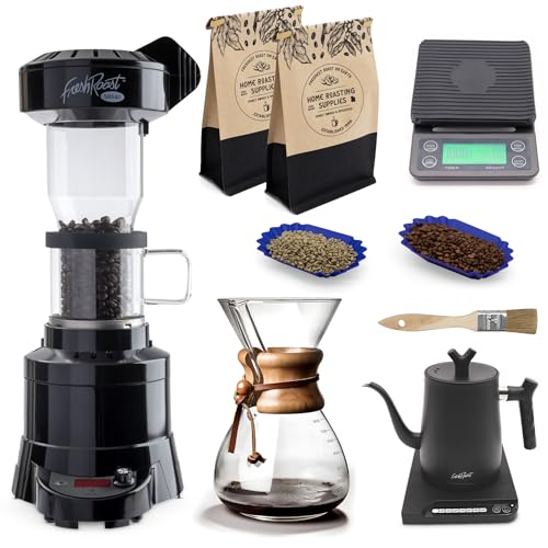 Fresh Roast Coffee Roaster Bundle SR540, Glass Extension Tube, Pour Over Digital Scale, 800ML Glass Pour Over, Electric Kettle, (2lbs) Sample Pack of Green Beans, (2-Pack) Sample Trays, Chaff Brush