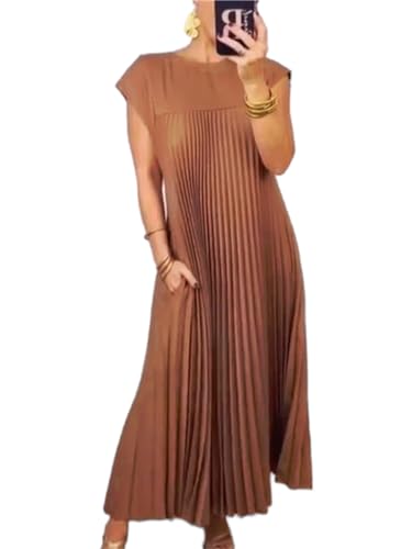 HOULENGS Women's 2025 Casual Short Sleeve Pleated Maxi Dress Loose Fit Crewneck Flowy Long Dress with Pockets