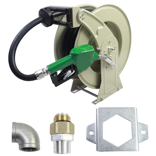 Retractable Fuel Hose Reel & Fuel Nozzle,3/4" x 50' Spring Driven Diesel Hose Reel,300 PSI Industrial Auto Swivel Heavy Duty Steel Construction Reel,1" Inet Swivel,3/4" Outlet fuel hose Swivel