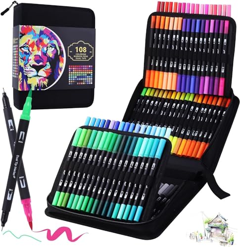 BEMAYSZ 108 Dual Tip Colouring Pens Brush Pens Felt Tip Pens, Pens for Adult Colouring Books Calligraphy Drawing Painting Sketching Highlighting