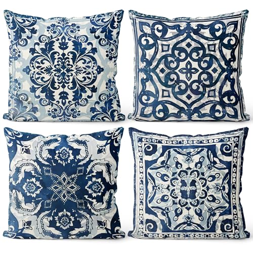 M-Qizi Blue Throw Pillow Covers - Linen Blue Pillow Covers 18x18 Set of 4, Decorative Blue and White Pillow Covers, Chinoiserie Pillow Cover, Chinoiserie Decor