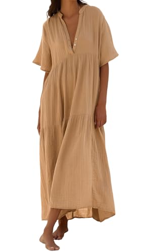 R.Vivimos Womens Summer Cotton Flowy Maxi Dress Short Sleeve V Neck Empire Waist Boho Tiered Ruffle Casual Loose Long Dresses