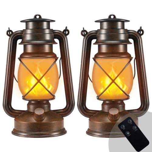 Outdoor Lanterns Waterproof Hanging Vintage LED Camping Lamps with Dancing Flame Non-Solar Remote Control Light Landscape Decor for Table Patio Garden Yard Pathway Porch 2Pack (3AA Batteries Power)