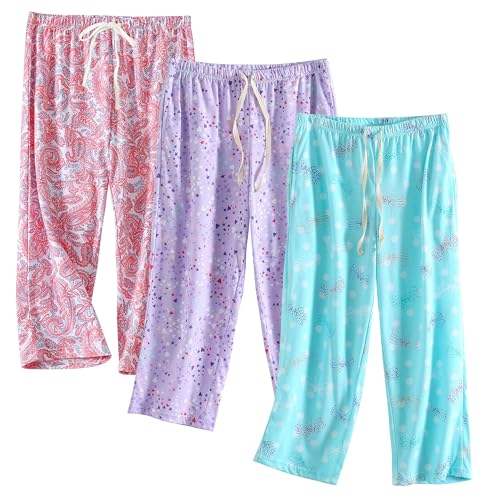 PNAEONG 3 Pack Women Pajama Pants Capri Length Drawstring Pj Bottoms Sleep Lounge Pants with Pockets S-3XL