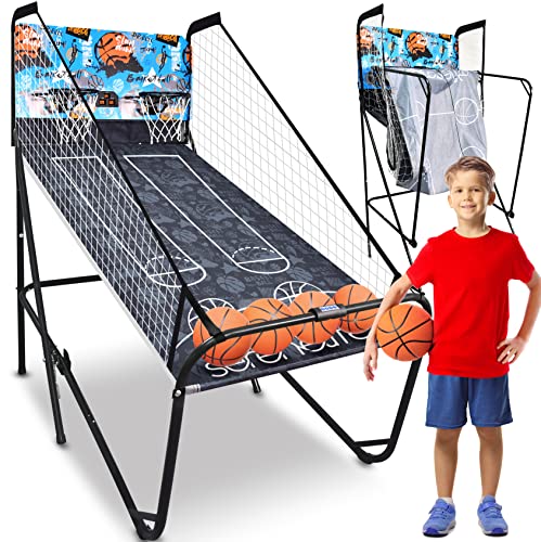 SereneLife Dual Hoop Basketball Shootout Indoor Home Arcade Room Game with Electronic LED Double Basketball Shot Scoreboard & Play Timer, Fold-up Court Shooting Sports for Kids&Adults Player