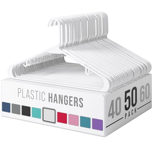 Clothes Hangers Plastic - Plastic Hangers - Makes The Perfect Coat Hanger and General Space Saving Clothes Hangers for Closet - Percheros Ganchos para Colgar Ropa Hangars (50, White)