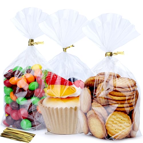 ZIMCEMS Bottom Gusset Bags Clear Cellophane Gift Bags Plastic Gift Wrap Cello Bags for Party Favor Treats, Goodie,Bakery Cookie, Candy with 5" Twist Ties