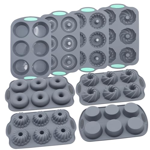 Tongjude Silicone Baking Pans Set, Silicone Cake Molds, Loaf Pan, Doughnut Pans, Non-Stick Baking Cup, with Measuring Cups and Spoons Set, Grey