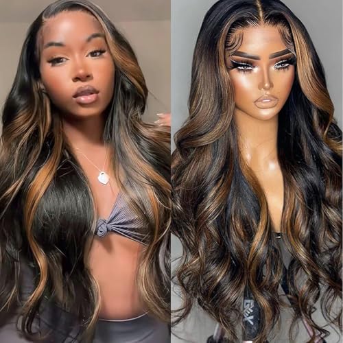 miear 13x6 Ombre Lace Front Wig Human Hair 1B/30 Highlight Lace Front Wig 180% Density Body Wave HD Transparent Lace Frontal Wigs Human Hair Colored Balayage Wig for Black Women 26 Inch