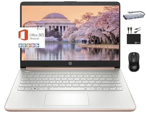 HP 2024 Premium 14" Micro-Edge Portable Laptop Student Business, Intel Quad-Core N4120, 16GB RAM, 384GB (128GB eMMC+ 256GB Card), WiFi, Windows 11S + 1 Year Office 365, MarxsolAccessory Rose Gold