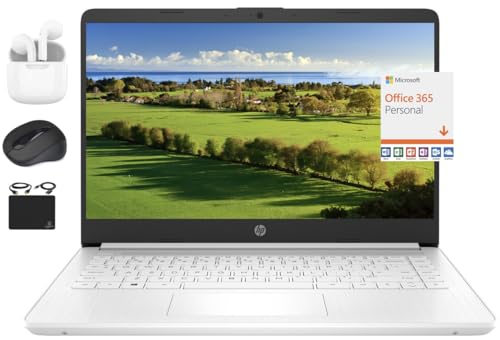 HP 2024 14" Laptop Notebook Thin Light for Students Business, Quad-Core Intel N4120, 4GB RAM, 128GB (64GB eMMC+ 64GB Card), 1 Year Office 365, Webcam, WiFi, Windows 11S, HubxcelAccessory White