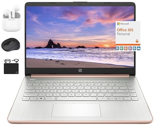 HP 2024 14" Laptop Notebook Thin Light Students Business, Quad-Core Intel N4120, 4GB RAM, 192GB (128GB eMMC+ 64GB Card), 1 Year Office 365, Webcam, WiFi, Windows 11S, HubxcelAccessory Rose Gold