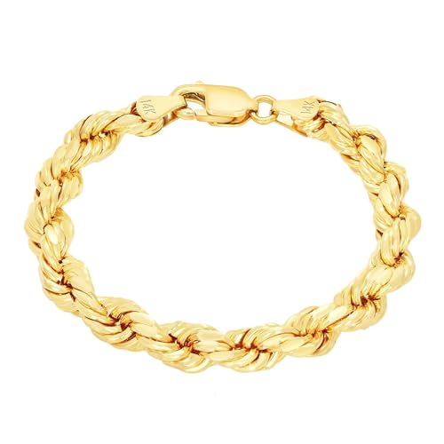 Nuragold 14K Real Yellow Gold Solid Rope Diamond Cut Chain Bracelet 7"-9" (1.5mm-10mm) Italian Jewelry for Men & Women - 7.5",10mm