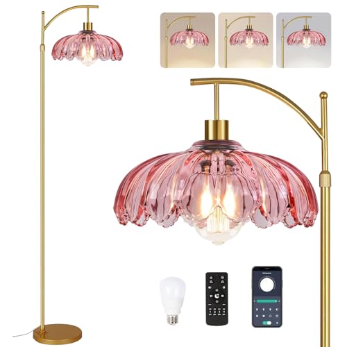 QIYIZM Boho Floor Lamp for Living Room,Bedroom,Rattan Floor Lights,Tree 3 Bulb Standing Lamp Farmhouse Flower Bohemian Decor Black Tall Lamp,Wicker Bamboo Lamp Shade Floor Lamps