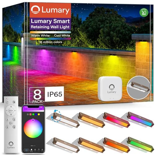 Lumary 7 Inch Smart LED Hardscape Paver Light,12-24V Low Voltage Retaining Wall Lights with Hub, 2200K-6500K RGBCW Color Changing Outdoor Landscape for Step, APP/Remote/Voice Control 8 Pack, Brown