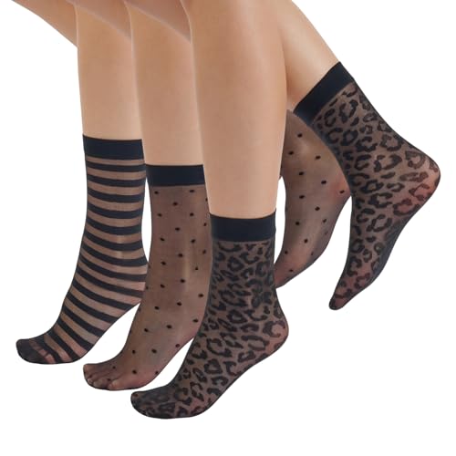 CALZITALY 3 Pairs Women Pop Socks, Sheer Everyday Ankle Socks in 3 Different Designs: Dots, Stripes and Geometric