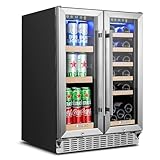 AAOBOSI Upgraded 88 Cans Dual Zone Wine and Beverage Cooler,Built-in and Freestanding,Removable Fashion Wooden Frame,Intelligent Digital Temperatrue Control,Low Noise,Dual Zone 24 Inch 19 Bottles