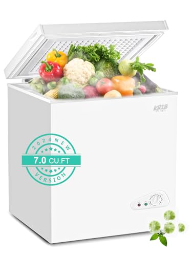 Chest Freezer Krib Bling 7.0 cu.ft Adjustable Thermostat Compact Freezers with Removable Storage Basket for House Kitchen Basement White
