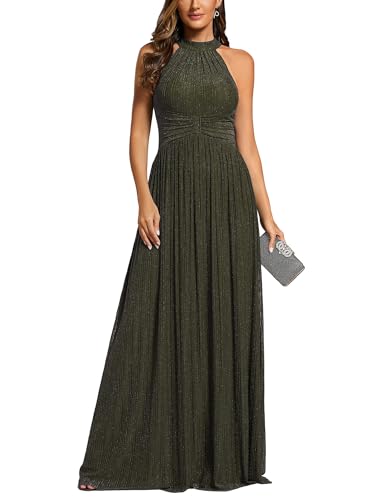 Ever-Pretty Women's Sexy Formal Wedding Guest Dresses Halter Sleeveless Pletaed Floor Length Glitter Evening Gowns