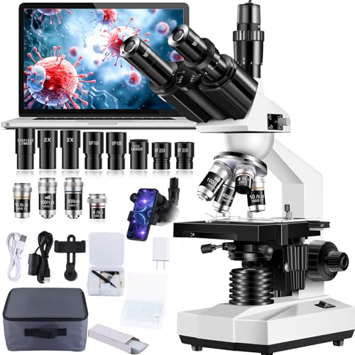 Woehrsh Trinocular Microscope 40X-5000X Magnification Laboratory Grade with Dual Mechanical Stage and HD USB Camera Microscopes for Adults（Adult Trinocular Microscope with Electronic Eyepiece）