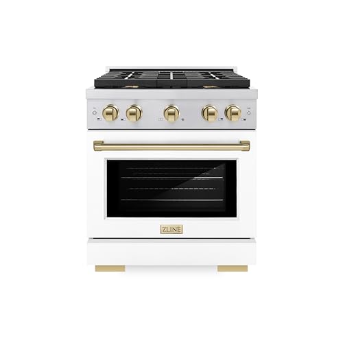 ZLINE Autograph Edition 30 in. 4.2 cu. ft. Paramount Gas Range with 4 Burner Cooktop and Convection Gas Oven in Stainless Steel with White Matte Door and Polished Gold Accents (SGRZ-WM-30-G)