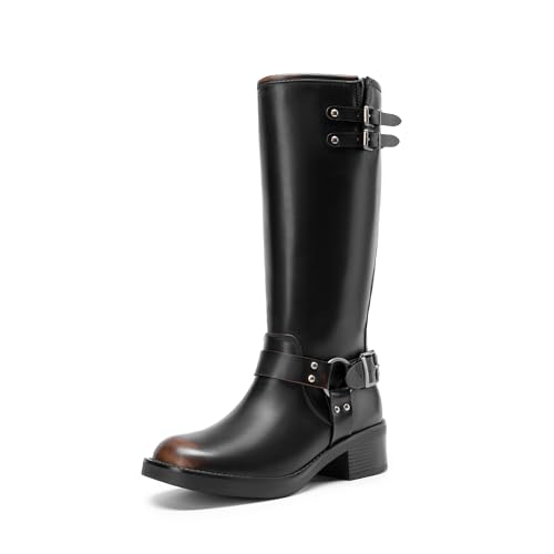 DREAM PAIRS Women's Knee High Boots Combat Boots Goth Boot Lace Up Adjustable Buckles Chunky Low Heel Fall Booties with Side Zipper to Put on and off