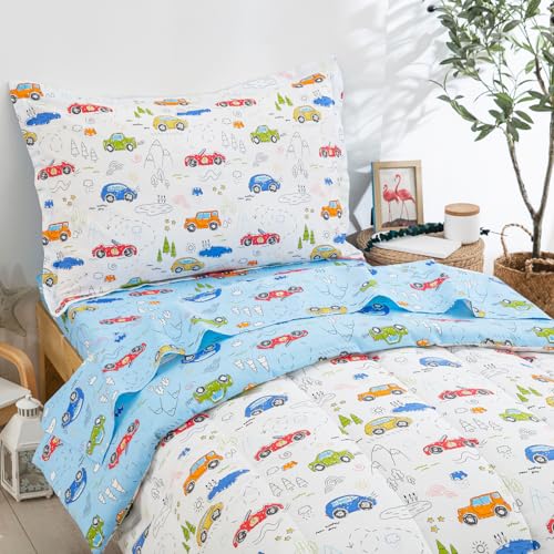 DJY 4 Pieces Cotton Toddler Bedding Set, Toddler Kids Bed Comforter Set for Kids Boys Girls, includes Quilted Comforter, Flat Sheet, Fitted Sheet and Pillowcase