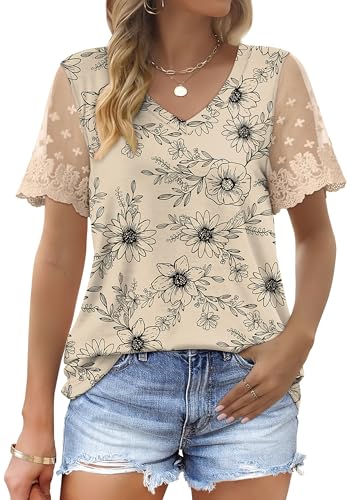 OFEEFAN Casual V Neck T Shirts for Women Lace Short Sleeve Curved Hem Tops Loose Fit