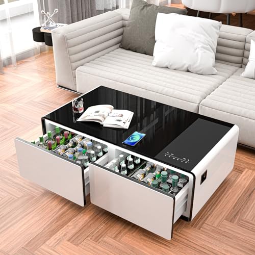 Gagawin Smart Coffee Table with Fridge and Bluetooth, Smart Refrigerator Table with Dual Speakers, 15W Wireless Charger, Control Panel, Outlet Protection, USB Port, Atmosphere Light, LT135 Pro-White