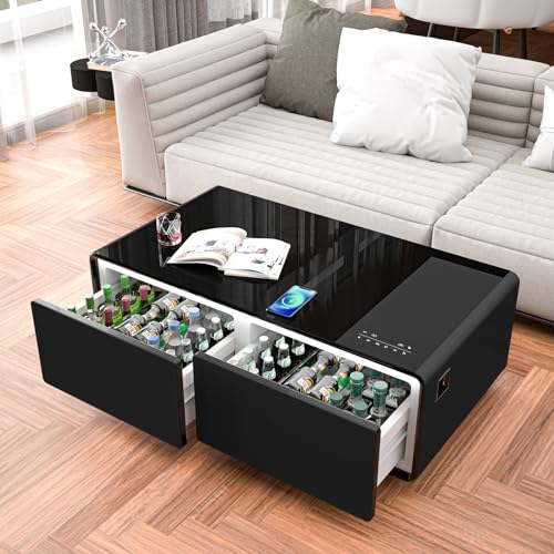 Gagawin Smart Coffee Table with Fridge and Bluetooth, Smart Refrigerator Table with Dual Speakers, 15W Wireless Charger, Control Panel, Outlet Protection, USB Port, Atmosphere Light, LT135 Pro-Black