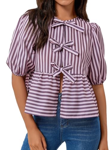 Tankaneo Womens Tie Front Tops Summer Peplum Babydoll Puff Short Sleeve Blouse Cute Cotton Shirts