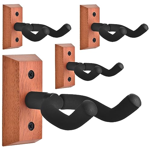 DOMMI Guitar Wall Mount 4 Pack, Guitar Hanger with Rotatable Soft Hook for All Size Guitars, Hardwood U-Shaped Guitar Holder Wall Mount for Acoustic, Electric Guitar, Bass