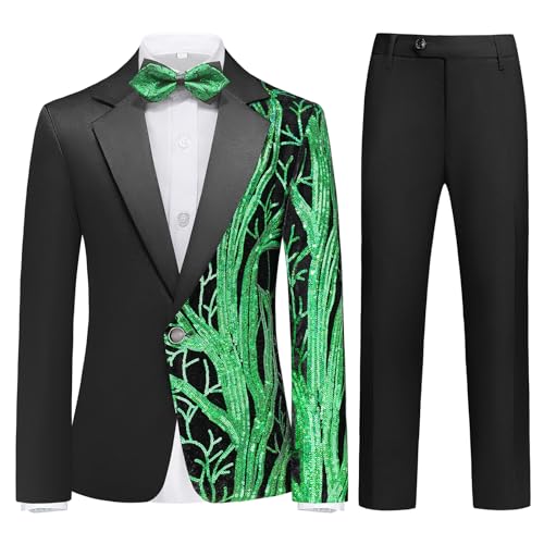 RINFAM Boys Formal Tuxedo Suit Set Size 4-16 Sequin Blazer 2 Piece Satin Jacket Black Pants Kids and Teen Boys Dress Outfit