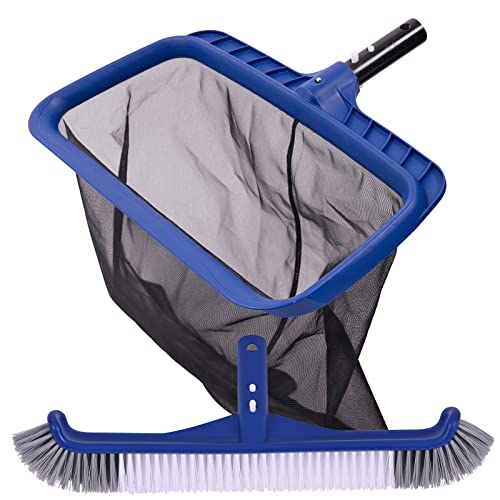 POOLAZA Fine Mesh Pool Skimmer Net & Pool Brush Head, Pool Net Skimmer with Sturdy Frame &17.5" Professional Pool Brushes for Cleaning Pool Walls