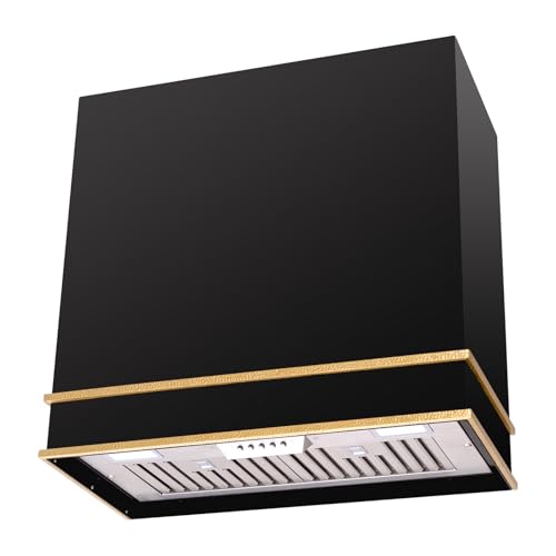 Akicon Range Hood 30 Inch, Stainless Steel Ducted Kitchen Hood with Powerful Motor, Wall Mount Modern Box, 30W X 30H X 14D Inch, AK-HS30HA-JBG (30 Inch, Jet Black with Gold)