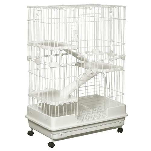 PawHut Small Animal Cage Rabbit Hutch with Wheels, Removable Tray, Platform and Ramp for Bunny, Chinchillas, Ferret