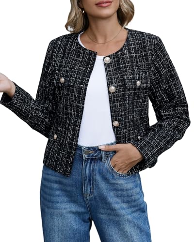 YEXPINE Cropped Tweed Blazer Jackets for Women Elegant Slim Collarless Business Casual Outfits