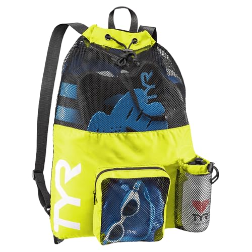 TYR Big Mesh Mummy Backpack for Swim, Gym and Workout Gear, Black, 40-Liter Capacity