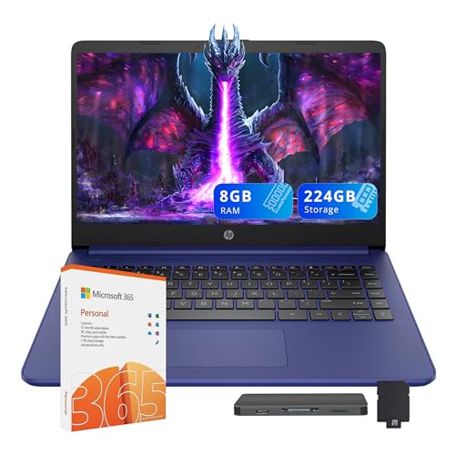 HP Stream 14" HD Lightweight Laptop, Intel Celeron N4120, 8GB RAM, 224GB Storage(64GB eMMC+160GB Docking Station), Intel UHD Graphics, 1 Year Office 365, WiFi, Win 11s, Blue